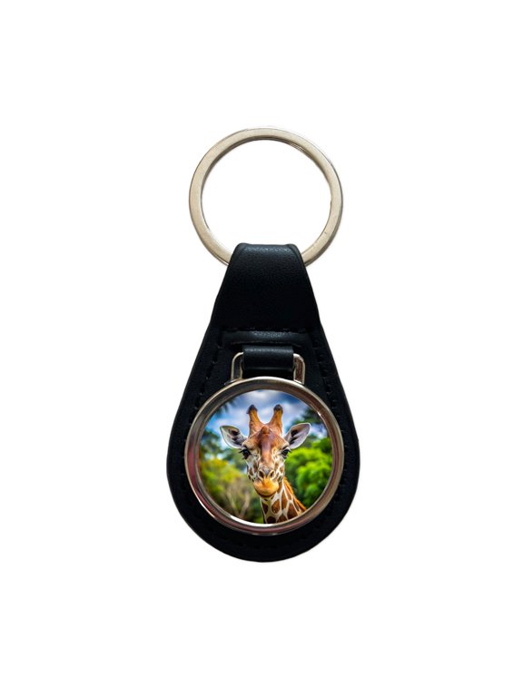 Giraffe Face Metal Black Leather Keychain