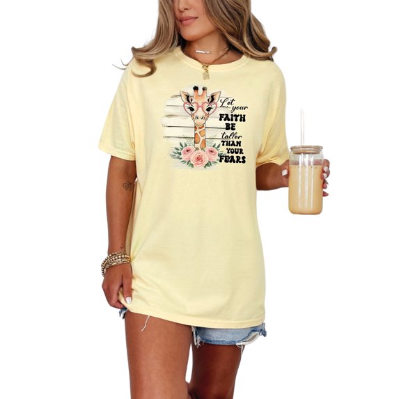 Giraffe Faith T-Shirt, Inspirational Quote Tee, Motivational Graphic Shirt, Cute Animal Print Top, Positive Message Apparel, Butter Comfort Colors T-Shirt, Large