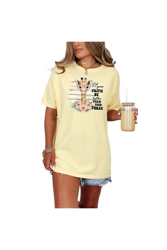 Giraffe Faith T-Shirt, Inspirational Quote Tee, Motivational Graphic Shirt, Cute Animal Print Top, Positive Message Apparel, Butter Comfort Colors T-Shirt, Medium