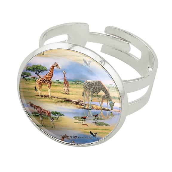 Giraffe Family African Animals Pattern Silver Plated Adjustable Novelty Ring