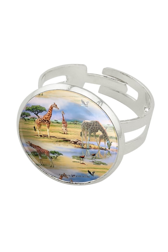 Giraffe Family African Animals Pattern Silver Plated Adjustable Novelty Ring