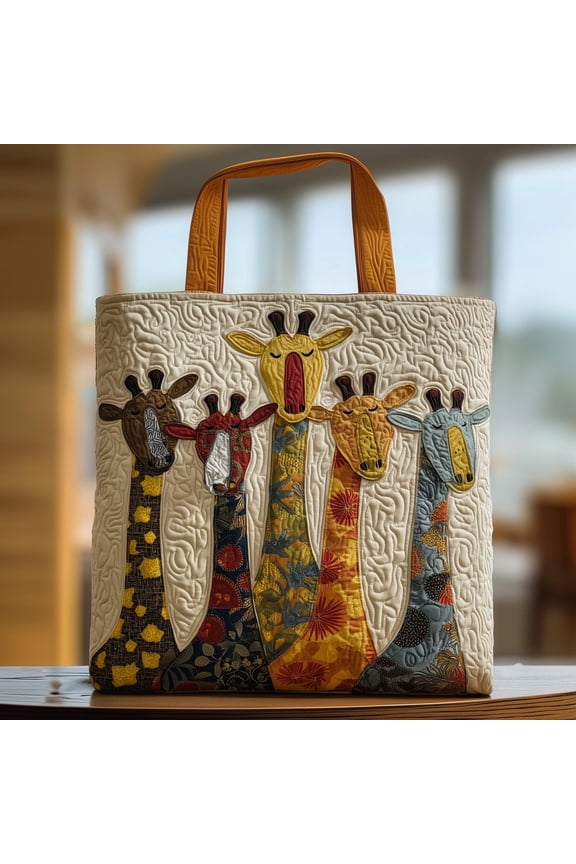 Giraffe Family Quilted Tote Bag, Cute Safari Animal Print Shoulder Tote, Playful Travel Shopper