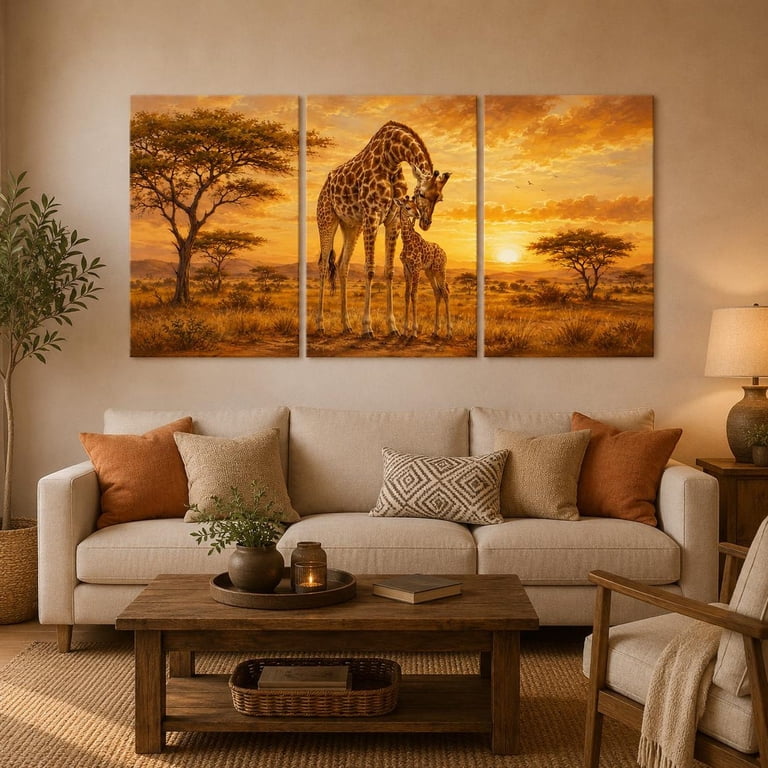 Trypyich Giraffe Family Wall Art Set, African Safari Sunset Mother And Baby ...