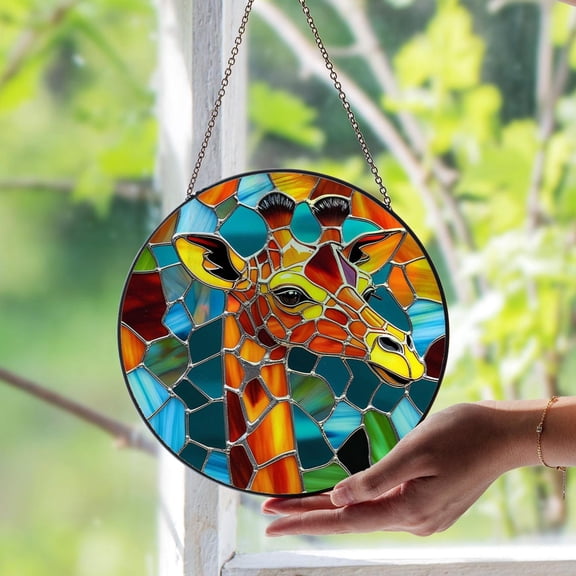 Giraffe Glass Suncatcher – Safari Animal Glass Art, Handmade Wildlife Decor, Unique African Jungle Window Gift Set, Suncatcher Window Hanging, 7.9 in