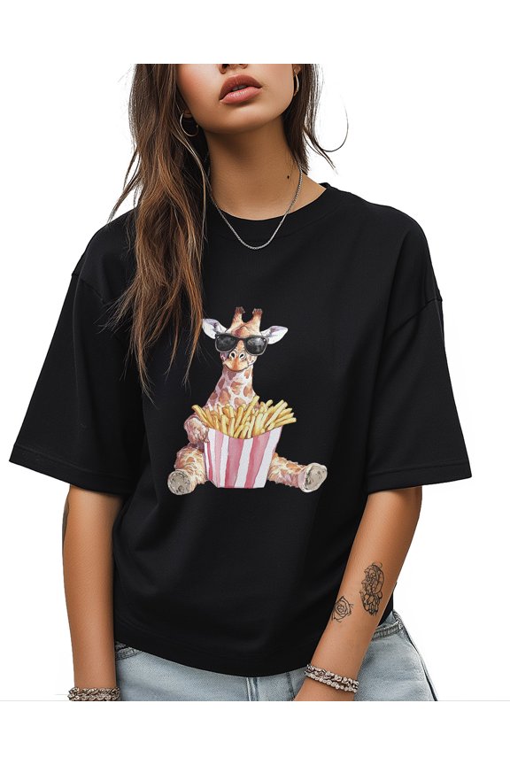 Giraffe With Glasses T Shirts for Women Short Sleeve Cotton Crewneck T-Shirt Funny Sitting Holding Fries Tee Tops Casual Basic T-Shirts, XS-5XL Black XS