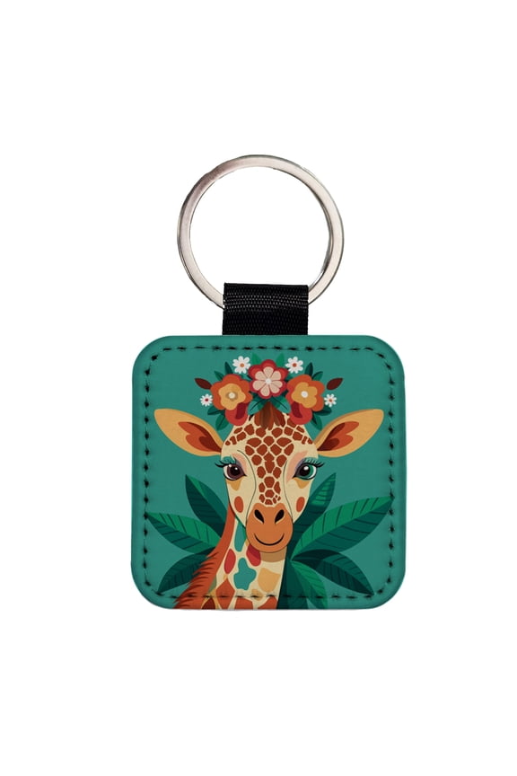 Giraffe Head Floral Flowers Faux Leather Square Keychain