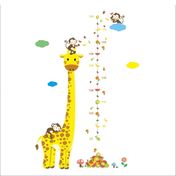 Giraffe Height Chart Wall Stickers, Waterproof Removable Wall Decals With Cute Monkey & Fruit Designs, For Kids Bedroom Living Room Nursery Playroom
