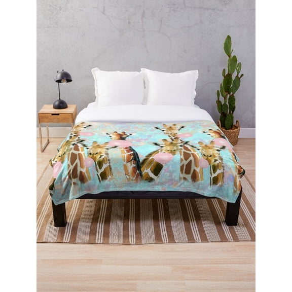 Giraffe Herd and Pink Hearts Aqua Fleece Blanket, Polyester Fleece Fabric, 280 GSM, Wildlife Style for Couch or Bed