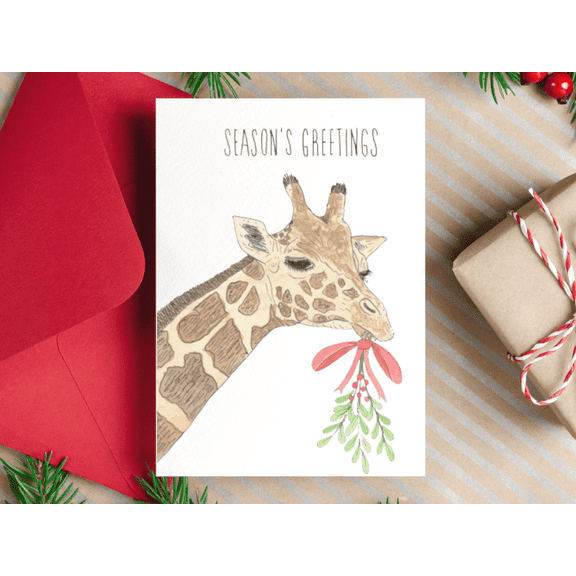 Giraffe Holiday Greeting Card - "Seasons Greetings" Design with Mistletoe - Perfect for Christmas Wishes - Includes Envelope
