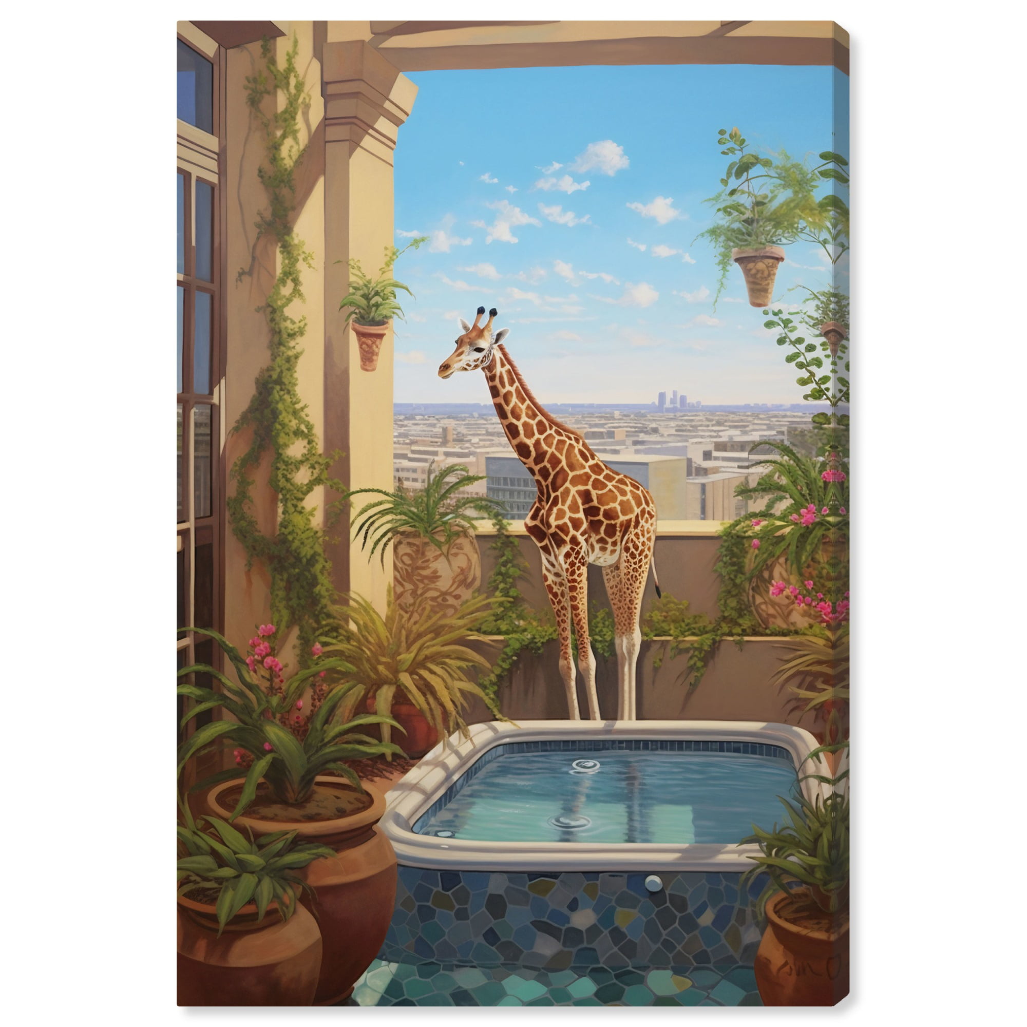 Giraffe in Tropical Oasis Canvas Wall Art, 15" x 10"