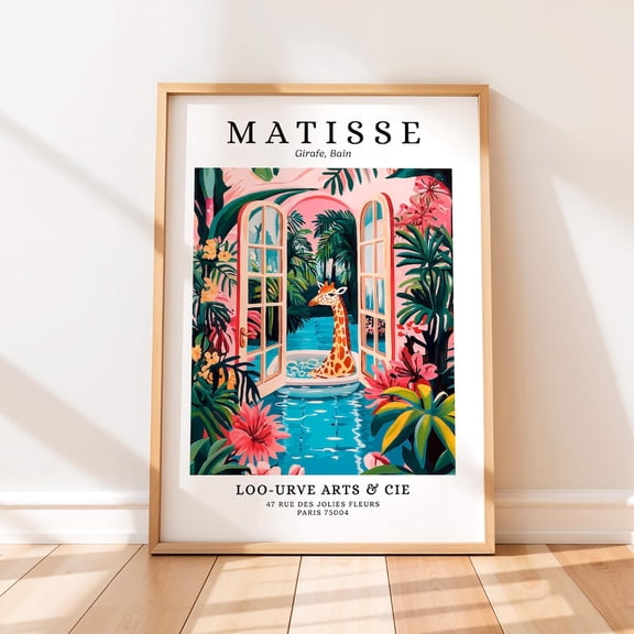 Giraffe In Bath Tub Art Print: Henri Matisse Style Funny Bathroom Wall Art UNFRAMED PAPER POSTER, Home Decor, Vintage Gift, Living Room Dercor