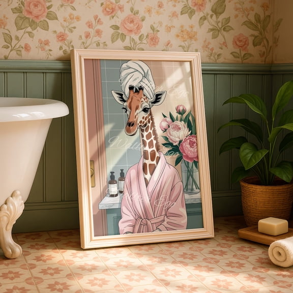 Giraffe In Robe Poster: Bathroom Wall Art, Spa Decor, Unframed Poster Size 12x18