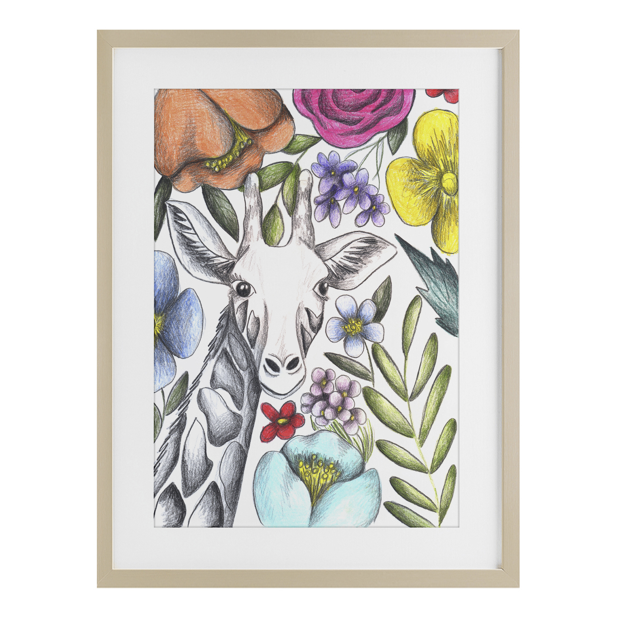 Giraffe In The Midst of Flowers Birch Framed Print Under Glass, design by Cecilia Battaini