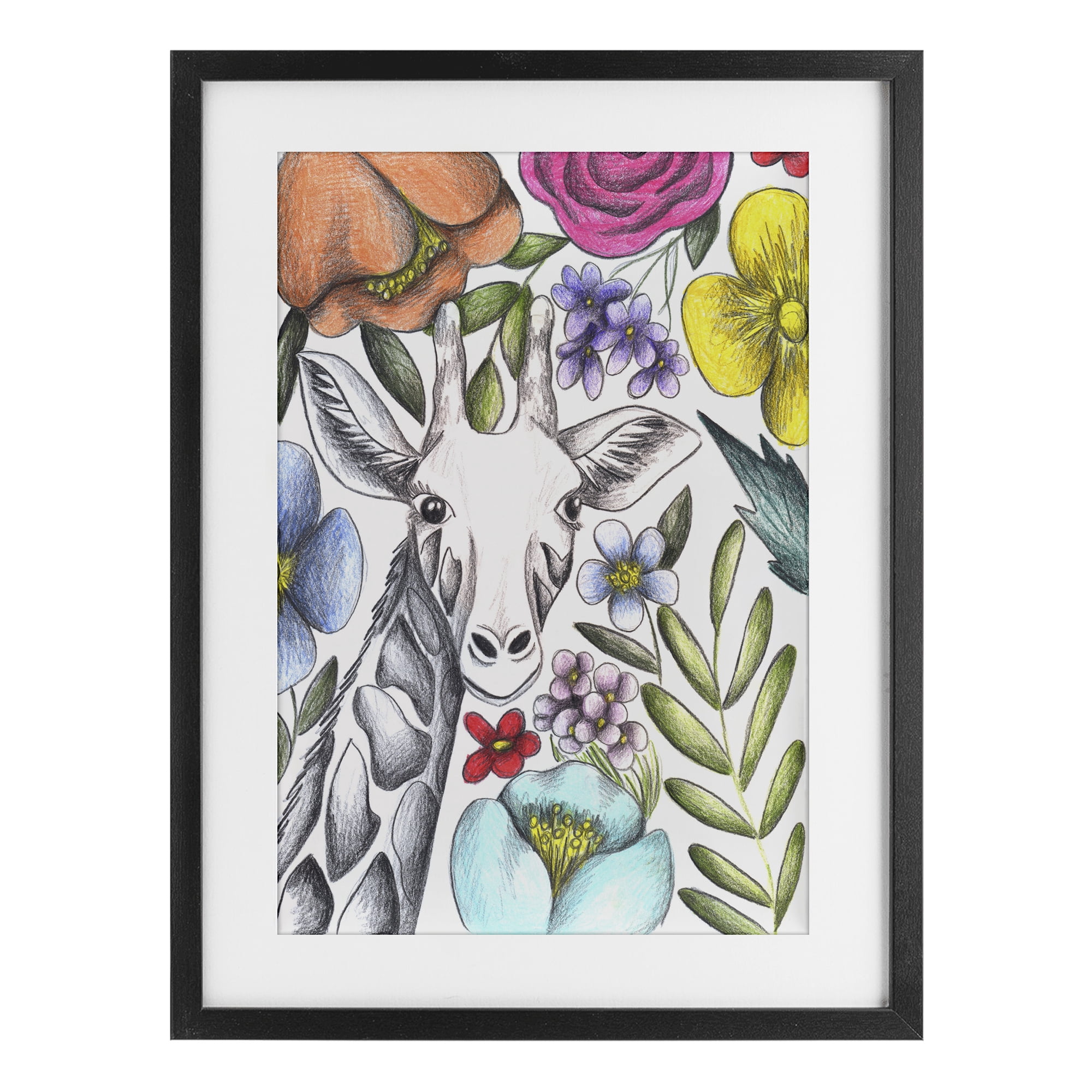 Giraffe In The Midst of Flowers Black Framed Print Under Glass, design by Cecilia Battaini