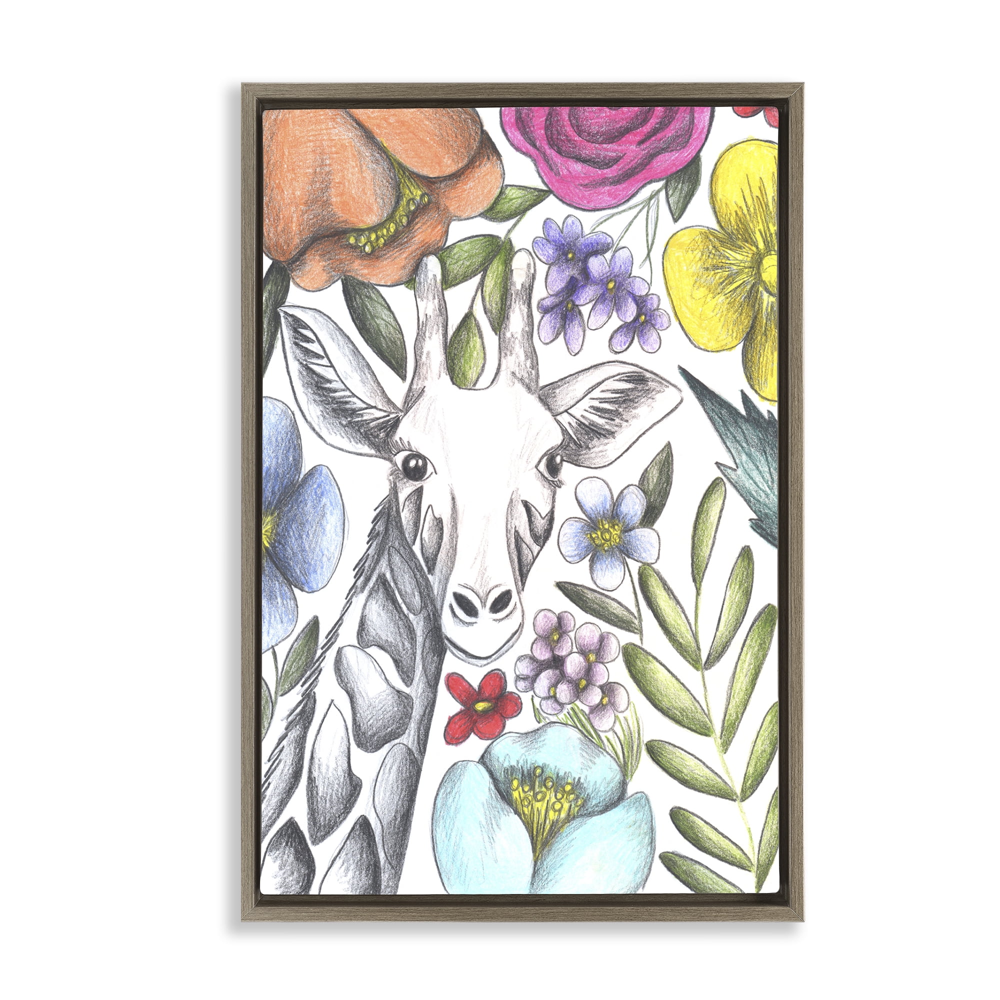 Giraffe In The Midst of Flowers Brown Framed Floater Canvas Wall Art, design by Cecilia Battaini