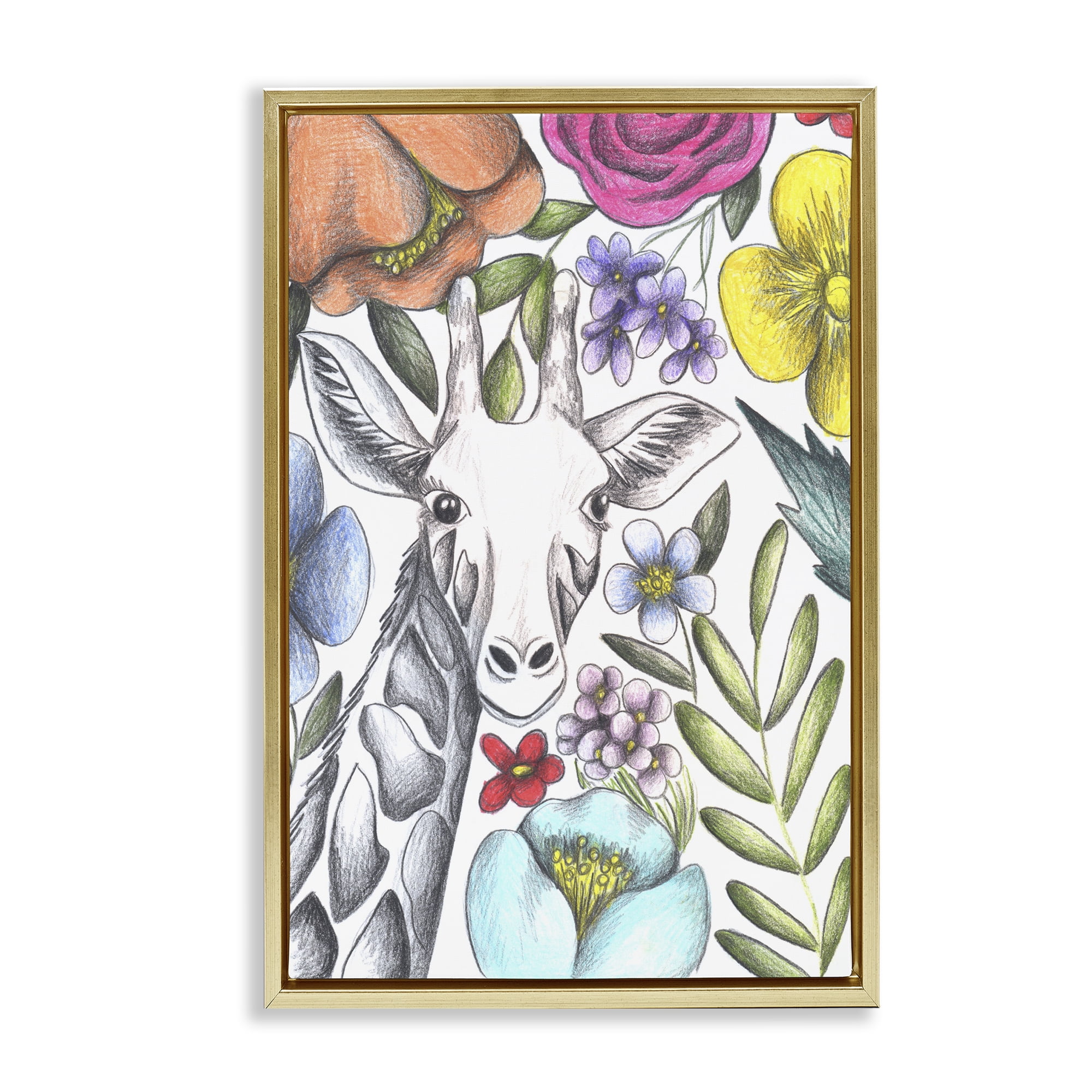 Giraffe In The Midst of Flowers Gold Framed Floater Canvas Wall Art, design by Cecilia Battaini