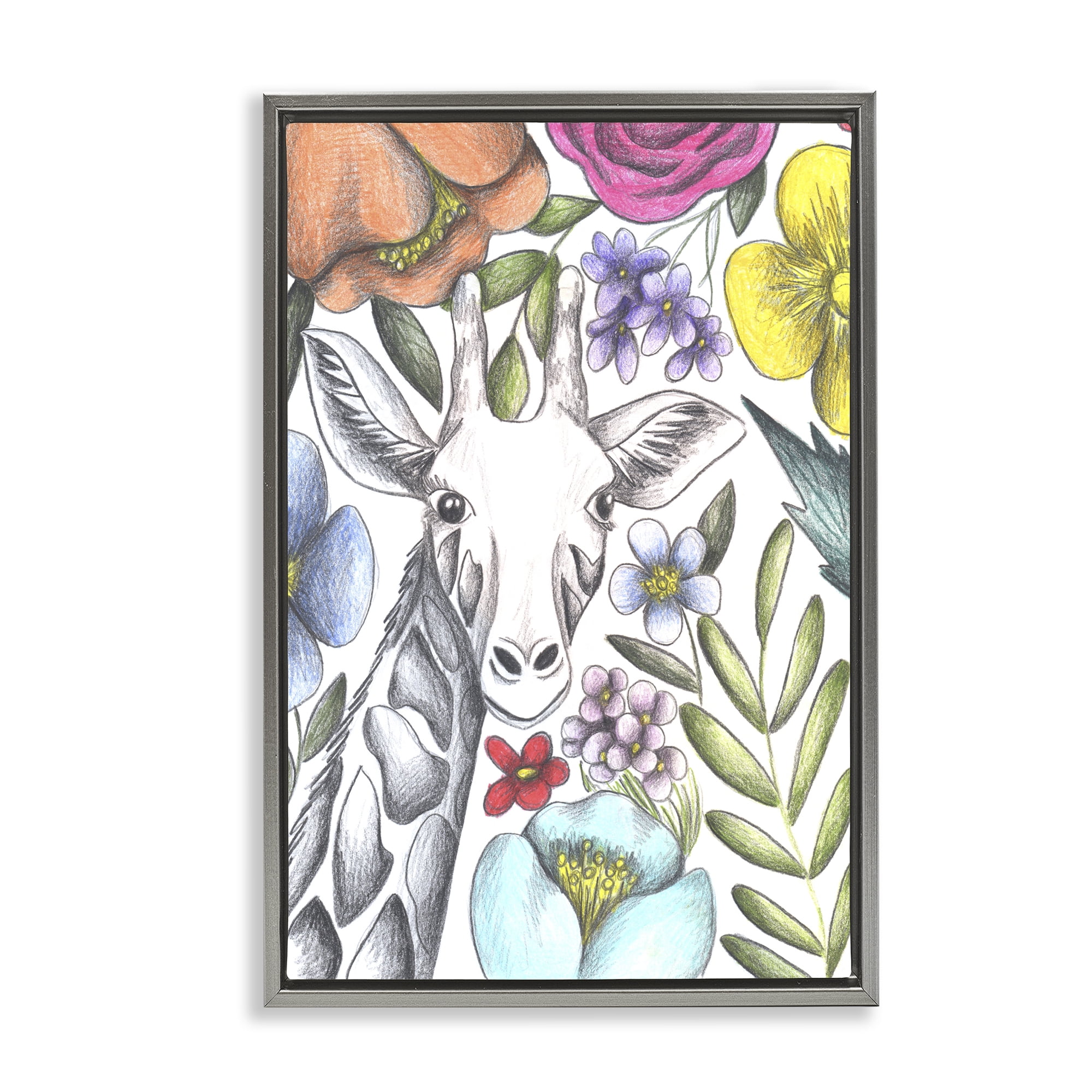 Giraffe In The Midst of Flowers Gray Framed Floater Canvas Wall Art, design by Cecilia Battaini