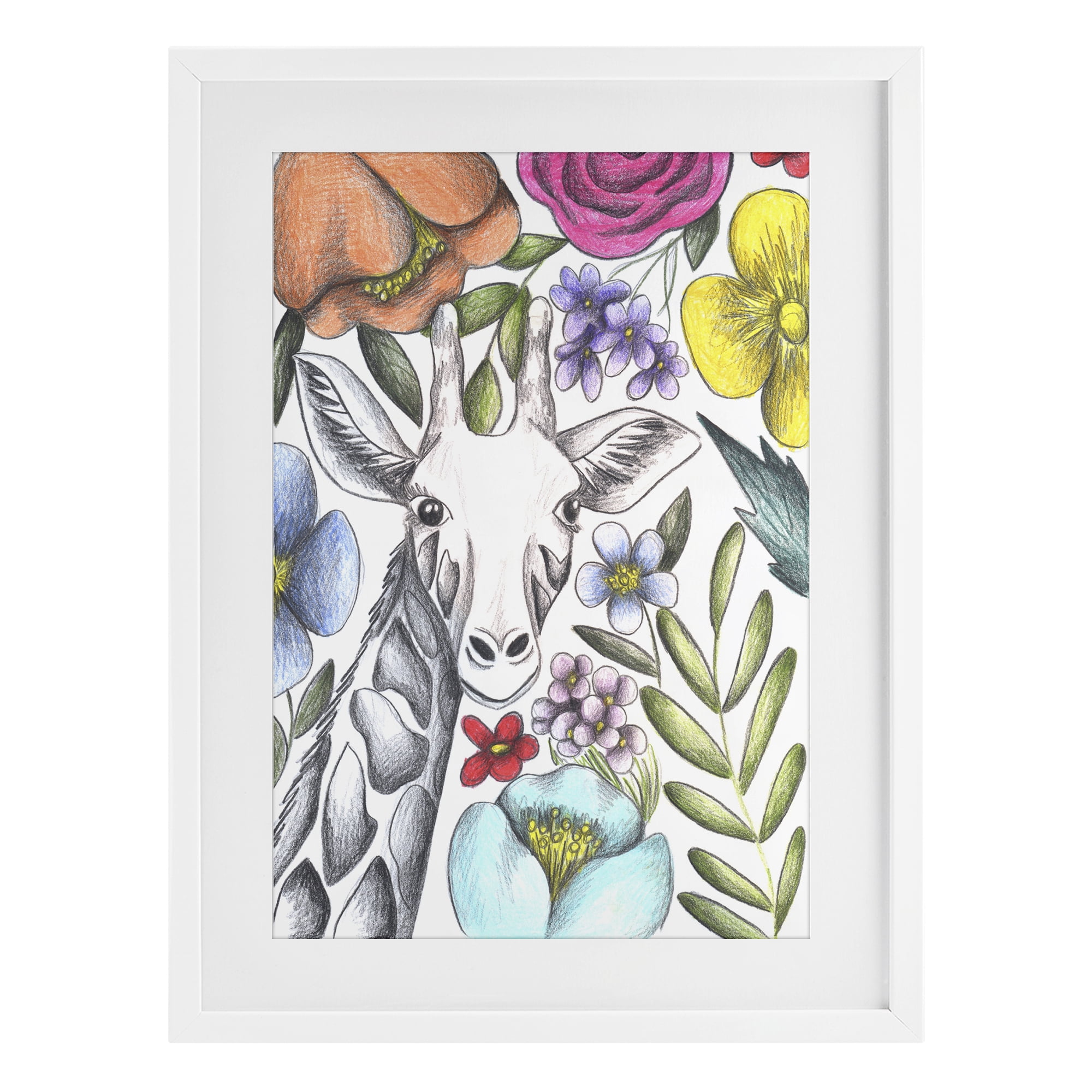 Giraffe In The Midst of Flowers White Framed Print Under Glass, design by Cecilia Battaini