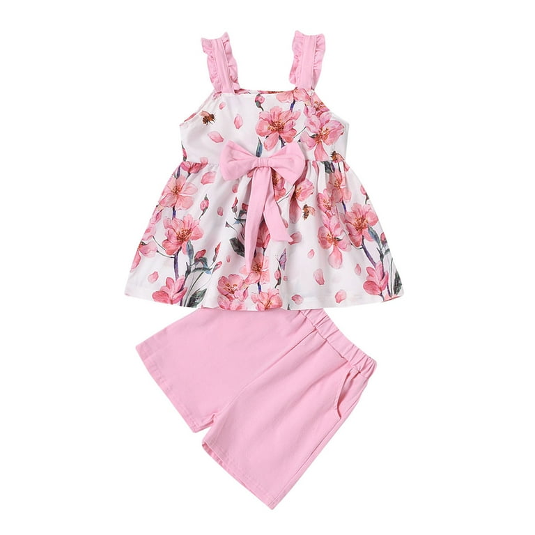 Giraffe Items for Girls Baby Girl Name Brand Clothes Bow Girls Sleeveless  Set Baby outfit Flower Print Backless Kids Tops+Shorts Girls Outfits&Set