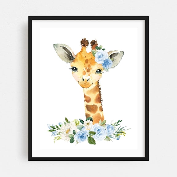 Giraffe, Jungle Animals, Safari Animals, Blue Flowers, Boy Nursery - Illustration Watercolor Animal Floral Whimsical Black Framed Wall Art Print 12 x 16 inches