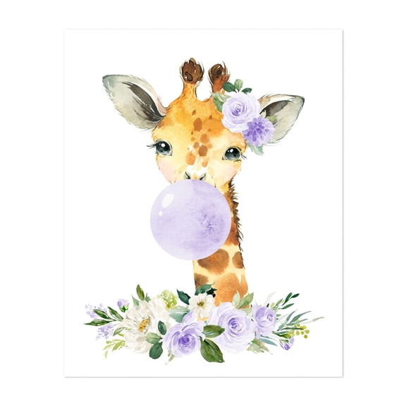 Giraffe, Jungle Animals, Safari Animals, Bubble Gum, Purple Flowers, Gender Neutral Nursery - Illustration Watercolor Animal Floral Whimsical Unframed Wall Art Print 6 x 8 inches