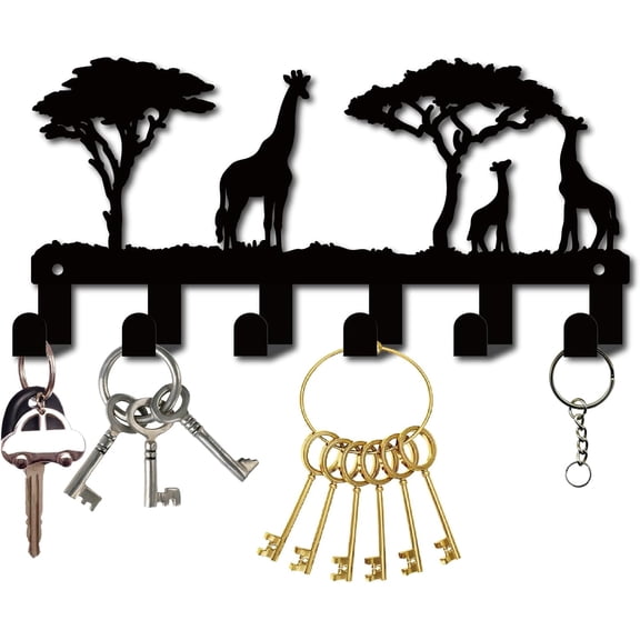 Giraffe Key Holder Wall Mounted Decorative Coat Hanger with 6 Hooks Animal Deer Tree Iron Rack Organizer for Keys Clothes Storage Entryway Front Door Hallway Farmhouse Decor 10.6 x 5 Inch Black