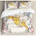 thumbnail image 1 of Giraffe King Size Duvet Cover Set, Cartoon Mom and Animal Figures Surrounded by Floral Ornaments Heart Shapes Flowers, Decorative 3 Piece Bedding Set with 2 Pillow Shams, Multicolor, by Ambesonne, 1 of 3