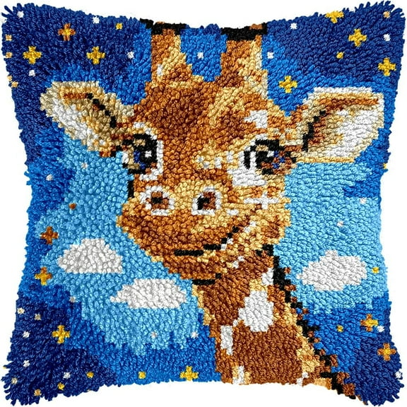 Giraffe Latch Hook Kits Pillow DIY Rug Crochet Hook Cushion Making Kits with Preprinted Pattern Canvas Instruction Yarns Pillow Cover Easy Starter DIY Crochet Kits 43x43cm de93)