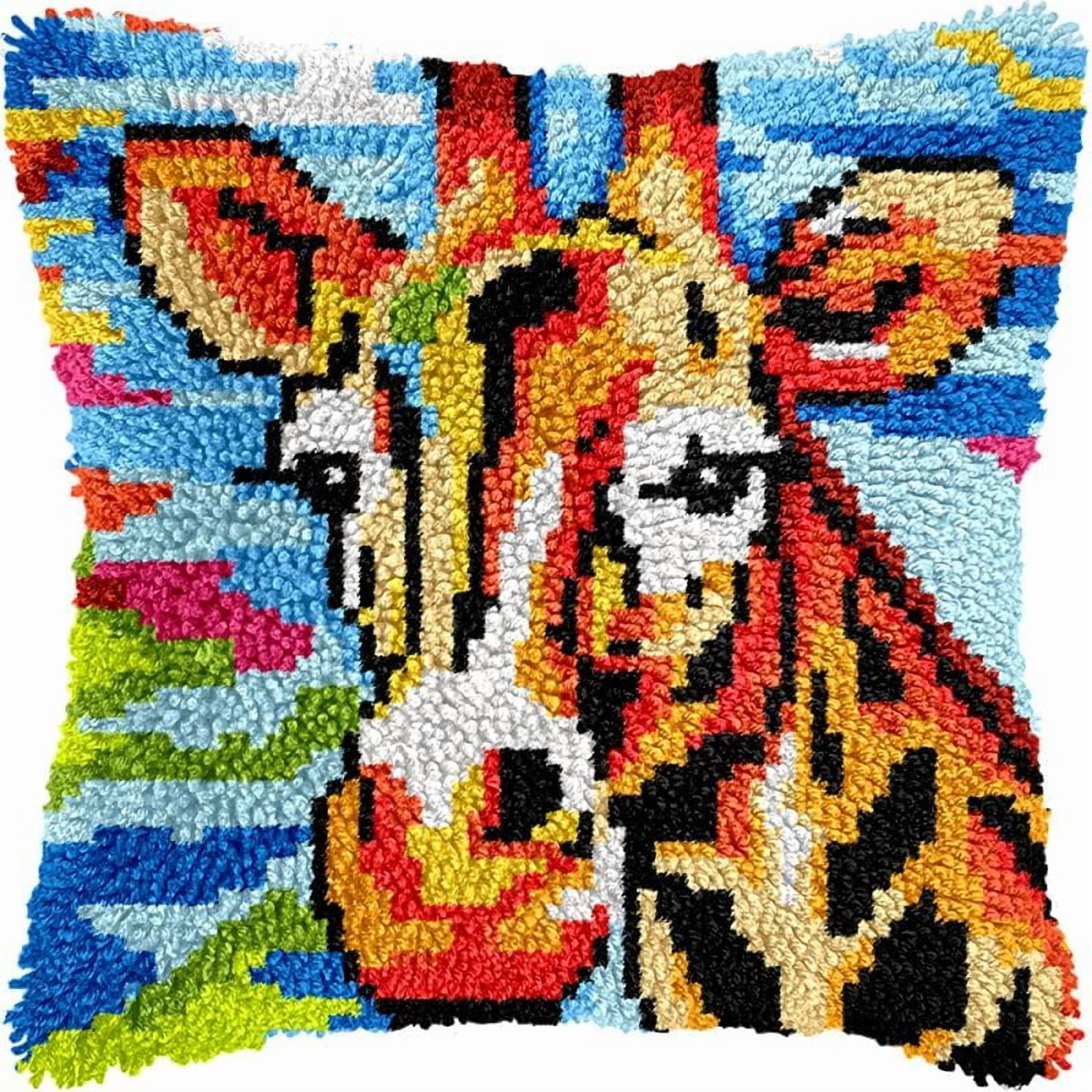 Giraffe Latch Hook Pillow Kits Cushion Pillowcase with Pattern Printed Canvas Sofa Hooking Pillows Crafts Embroidery Latch Hooking Crochet Kits 17x17 inch(97)