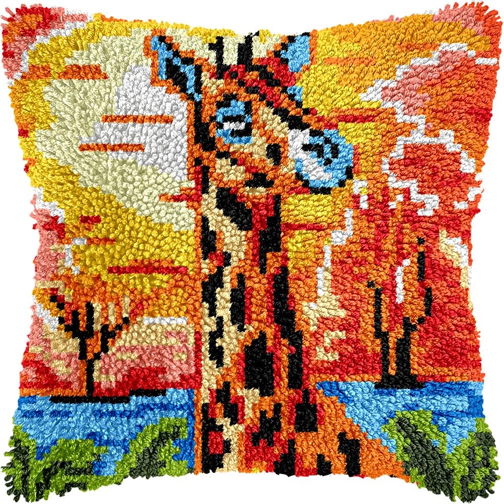 Giraffe Latch Hook Pillow Kits for DIY Throw Pillow Cushion Embroidery Latch Hooking Pillowcase Kits with Preprinted Canvas Crochet Yarn Kits for Home Decor 17''X 17''(j56)