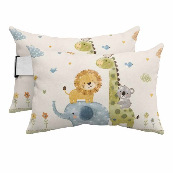 Giraffe Lion Elephant Outdoor Pillows for Chaise Lounge Chair Beach Headrest Pillow Set of 2 Waterproof Lumbar Pillows with Insert&Strap Cartoon Owl Raccoon Cute Animals Pool Pillow 12"x20"