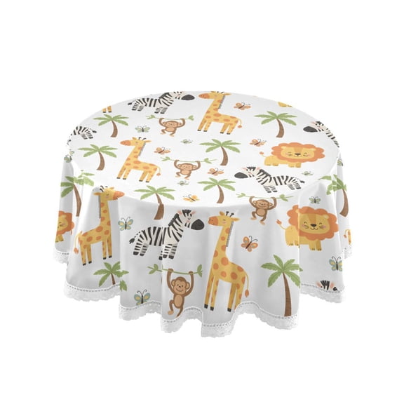 Giraffe Lion Zebra Round Lace Tablecloth 60 Inch Polyester Wrinkle Resistant Decorative