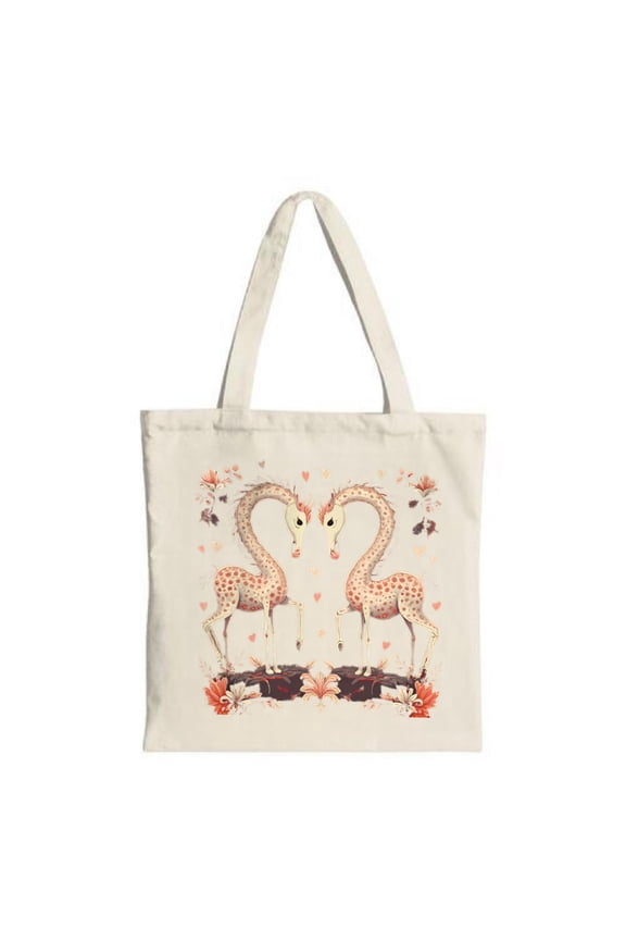 Giraffe Love Tote Bag - Canvas Heart-Shaped Neck Design with Floral Accents Perfect for Shopping Travel & Parties