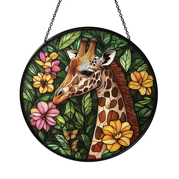 Giraffe Lover Stained Glass Suncatcher Window Hanging, Floral Safari Animal Light Catcher Decor, Unique Nature Inspired Mom Gift