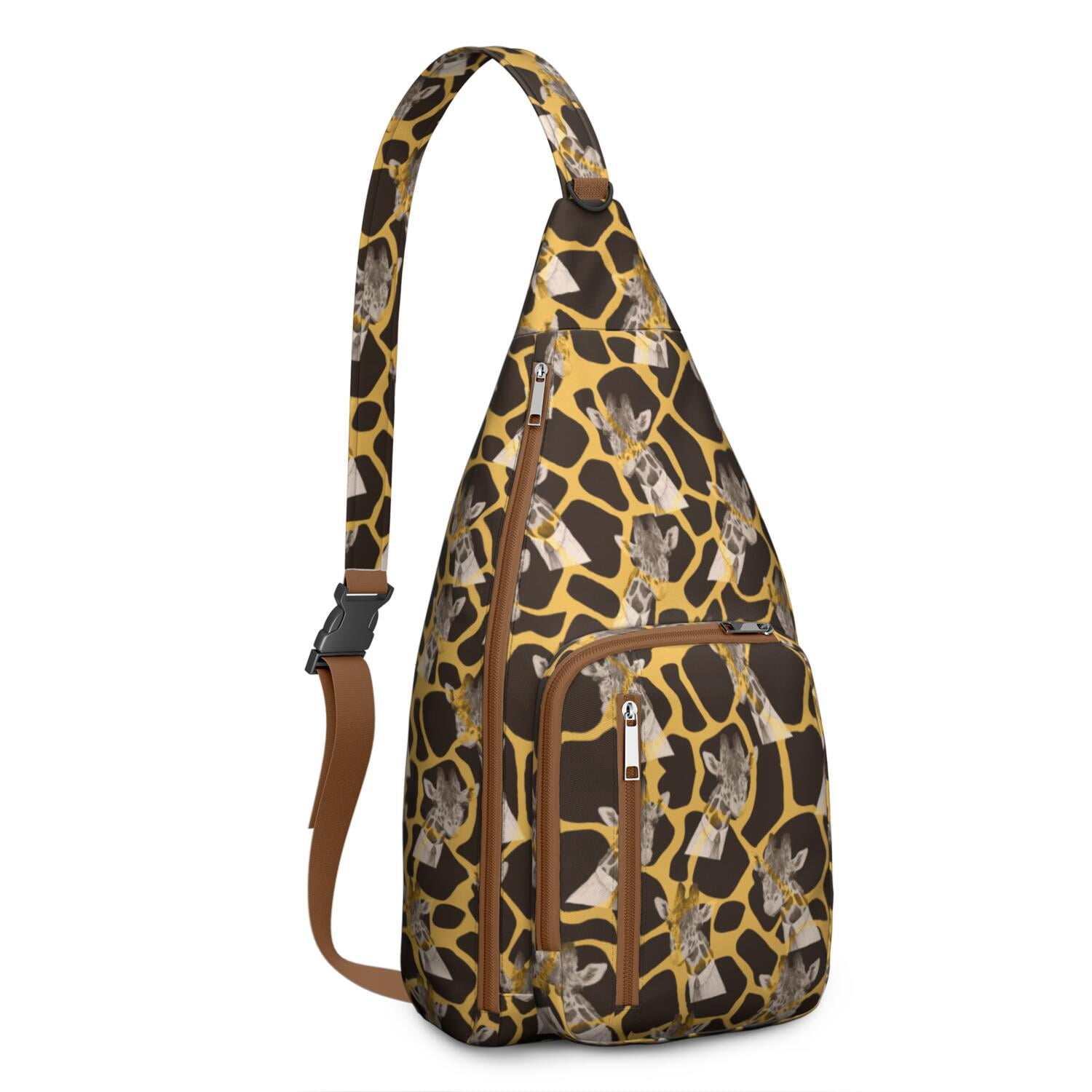 Giraffe Lover's Sling Bag - African Grassland Animal Print Crossbody Backpack, Water-Resistant Shoulder Chest Bag (Wild Animal Skin Texture Design, Rustic Brown & Woodland Theme)