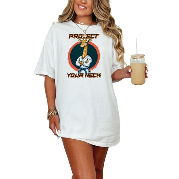 Giraffe Martial Arts T-Shirt, Protect Your Neck Graphic Tee, Fun Animal Karate Shirt, Unisex Casual Top, Unique Gift Idea, Cool Printed, White Comfort Colors T-Shirt, Small