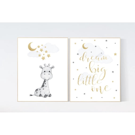 Giraffe Moon and Stars Nursery Poster Gold Baby Room Decor Dream Big ...