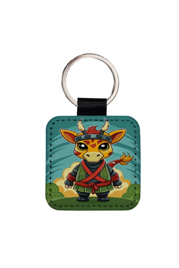Giraffe Ninja Fighter Funny Faux Leather Square Keychain