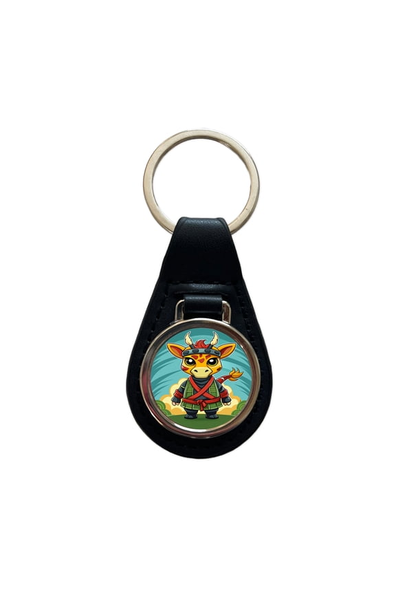 Giraffe Ninja Fighter Funny Metal Black Leather Keychain