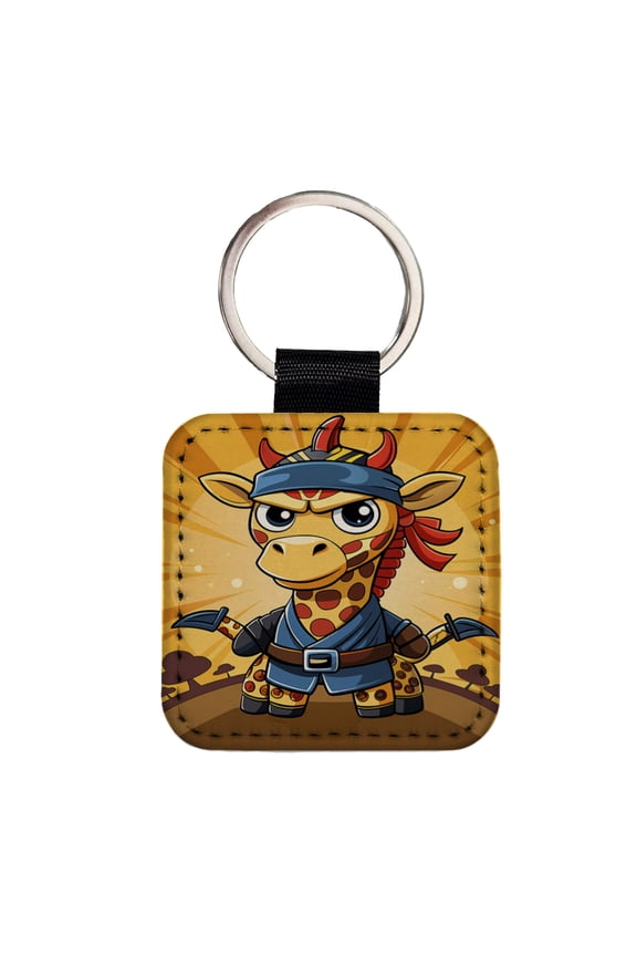 Giraffe Ninja Funny Faux Leather Square Keychain