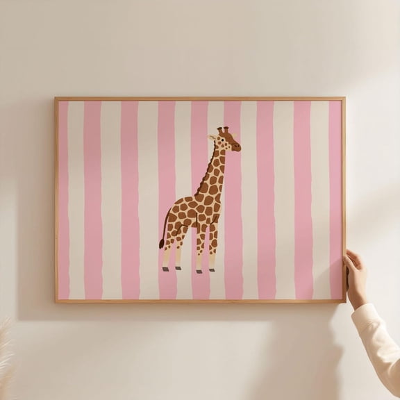 Giraffe Nursery Poster | Cute Animal Art Poster & Landscape | Pink Stripe Line Pattern For ' Home Baby Room Decor, Unframed Poster Size 24x36