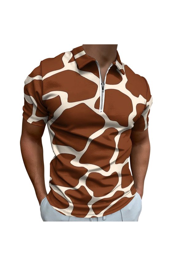 Giraffe Pattern Men Zipper T-shirt Summer Casual Short Sleeve T-shirt Top