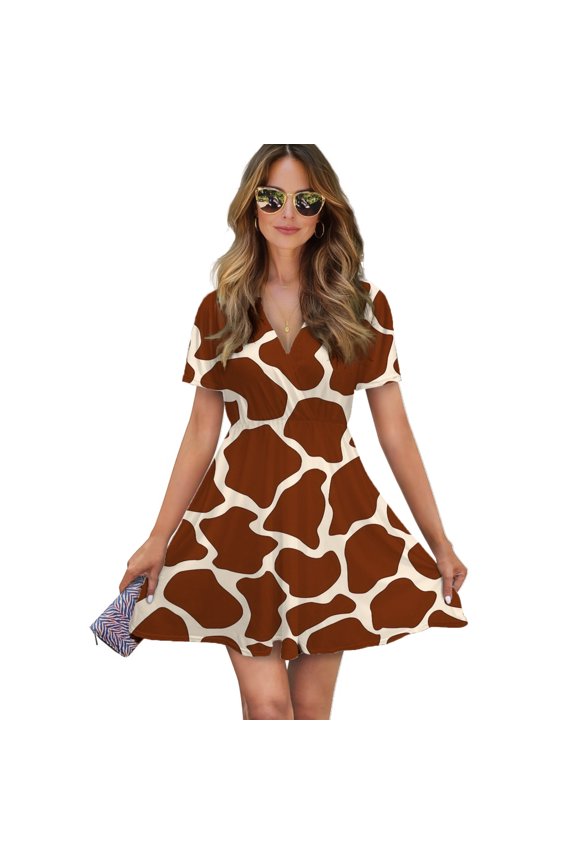 Giraffe Pattern Women Dress V-Neck Short Sleeve Flowy Swing Party Midi Dress