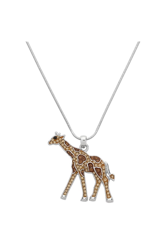 Giraffe Pendant Necklace Rhinestone Crystal Rhodium Plated 17 Inch Snake Chain J1125