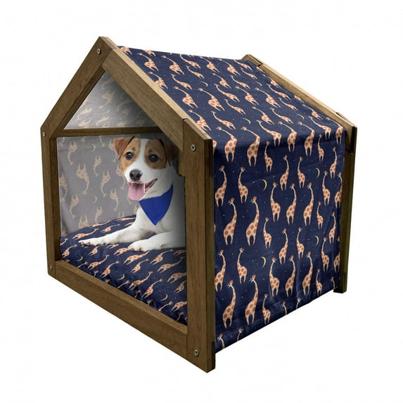 Giraffe Pet House, Pattern with Funny Animals on Night Sky, Outdoor & Indoor Portable Dog Kennel with Pillow and Cover, 5 Sizes, Dark Orange Navy Blue, by Ambesonne