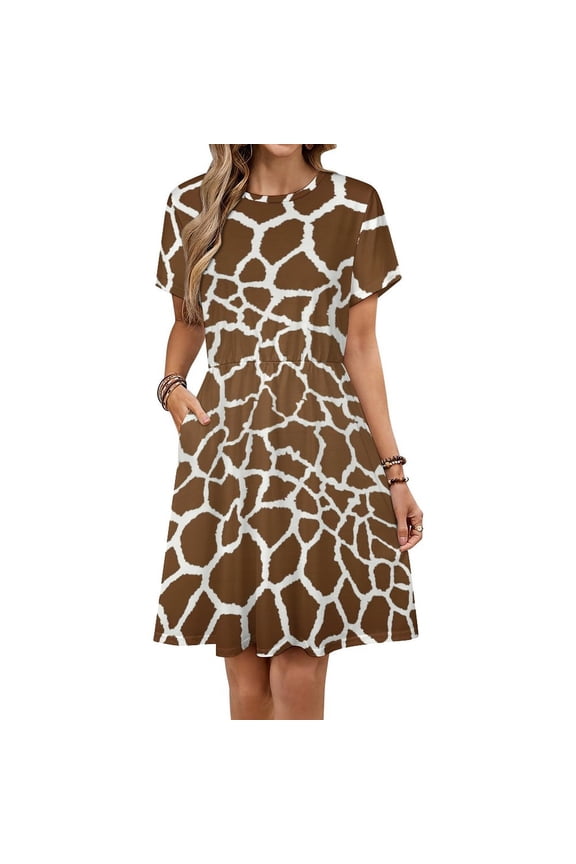 Giraffe Print Dress Fashion Beach Short Sleeve Dresses Female Party Printed Sundress