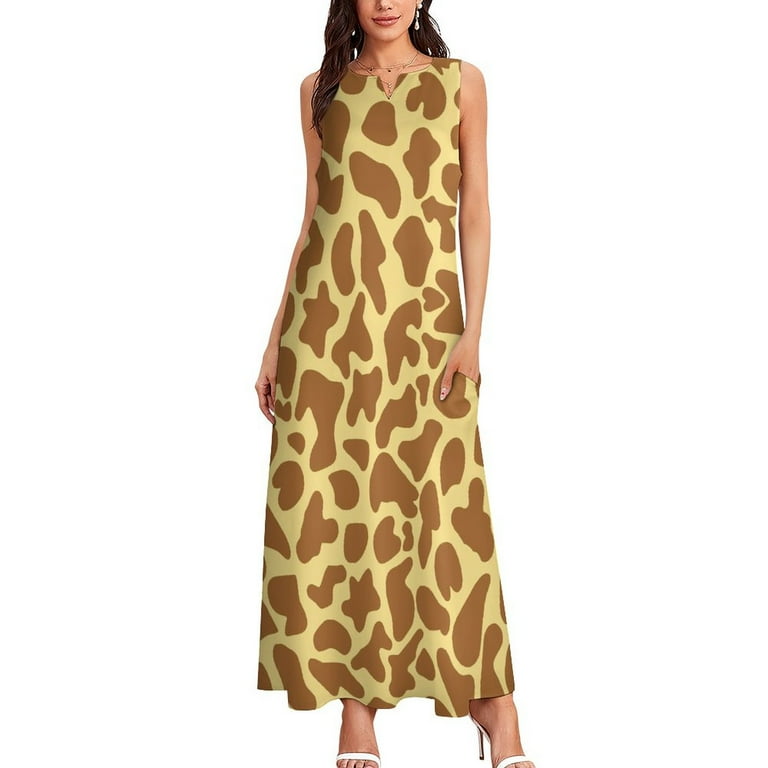 Giraffe Print Dress Wild Animal Vintage Maxi Dress V Neck Printed Boho Beach Long Dresses Aesthetic Oversized Clothing