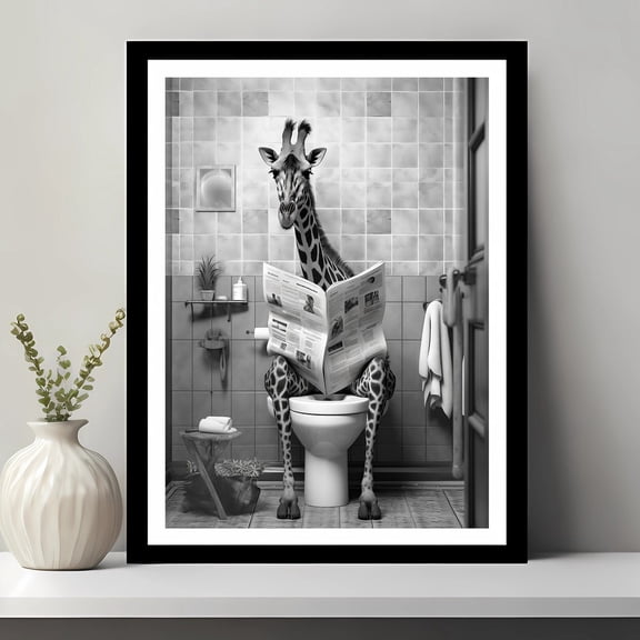 Giraffe Print, Funny Bathroom Decor, Giraffe In Toilet, Animal In Toilet, Black And White Giraffe, Wall Art, UNFRAMED PAPER POSTER, Home Decor, Vintage Gift, Living Room Dercor