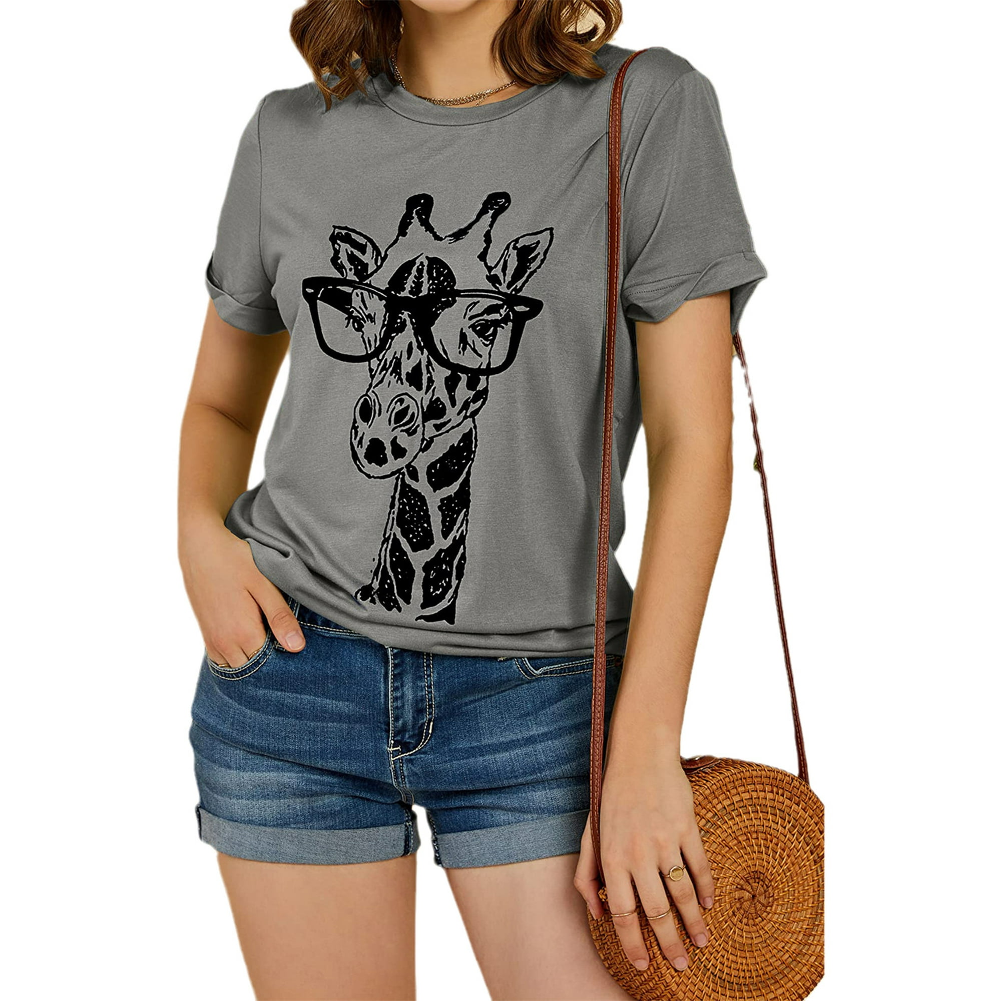  Women Novelty Giraffe Graphic Tee Shirt Short Sleeve V