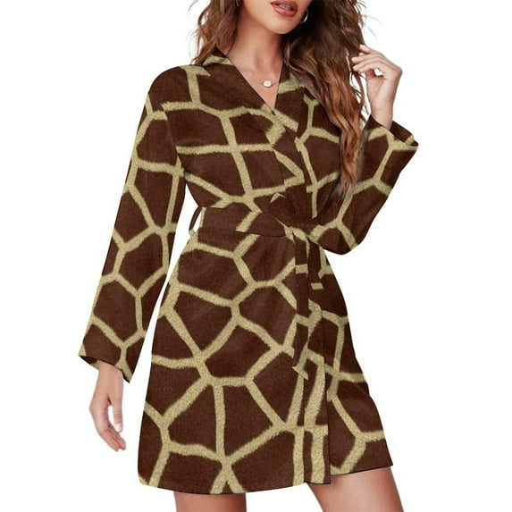 Giraffe Print Pajama Robe Brown and White Long Sleeve Room Pajamas Robes Women V Neck Lovely Nightgown Spring Printed Dress (style-4,L)